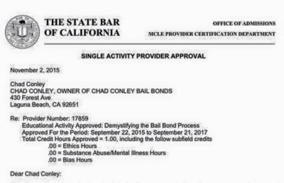 MCLE single activity provider approval for Chad Conley Bail Bonds
